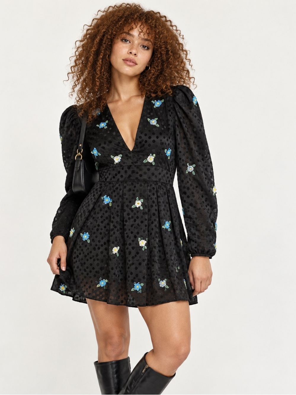 Topshop Black Beaded Floral Swiss Dot Mini Dress US 8